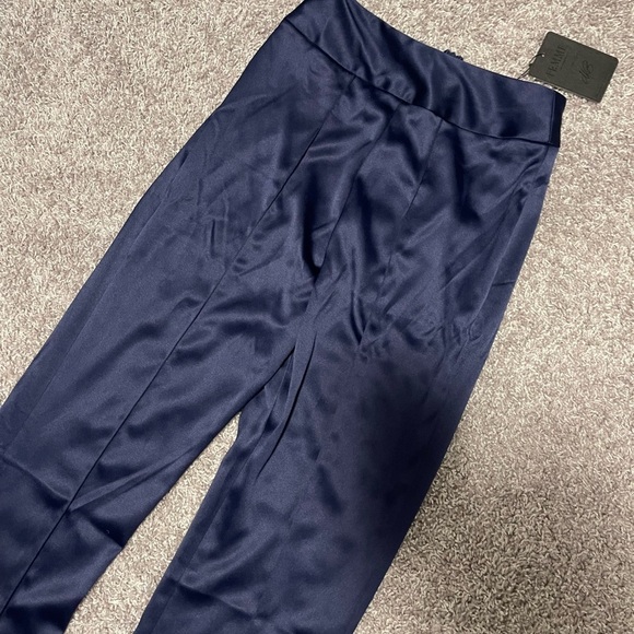 Femme LA | Navy Blue Satin High Waisted Flare Pants - Picture 3 of 12